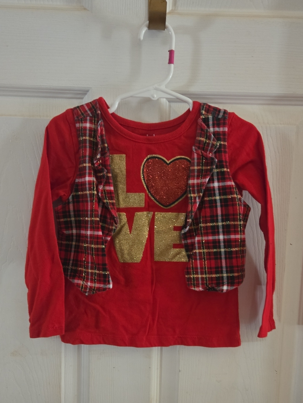 Garanimals Red Long-Sleeve Top with Plaid Vest and Gold 'LOVE' Graphic